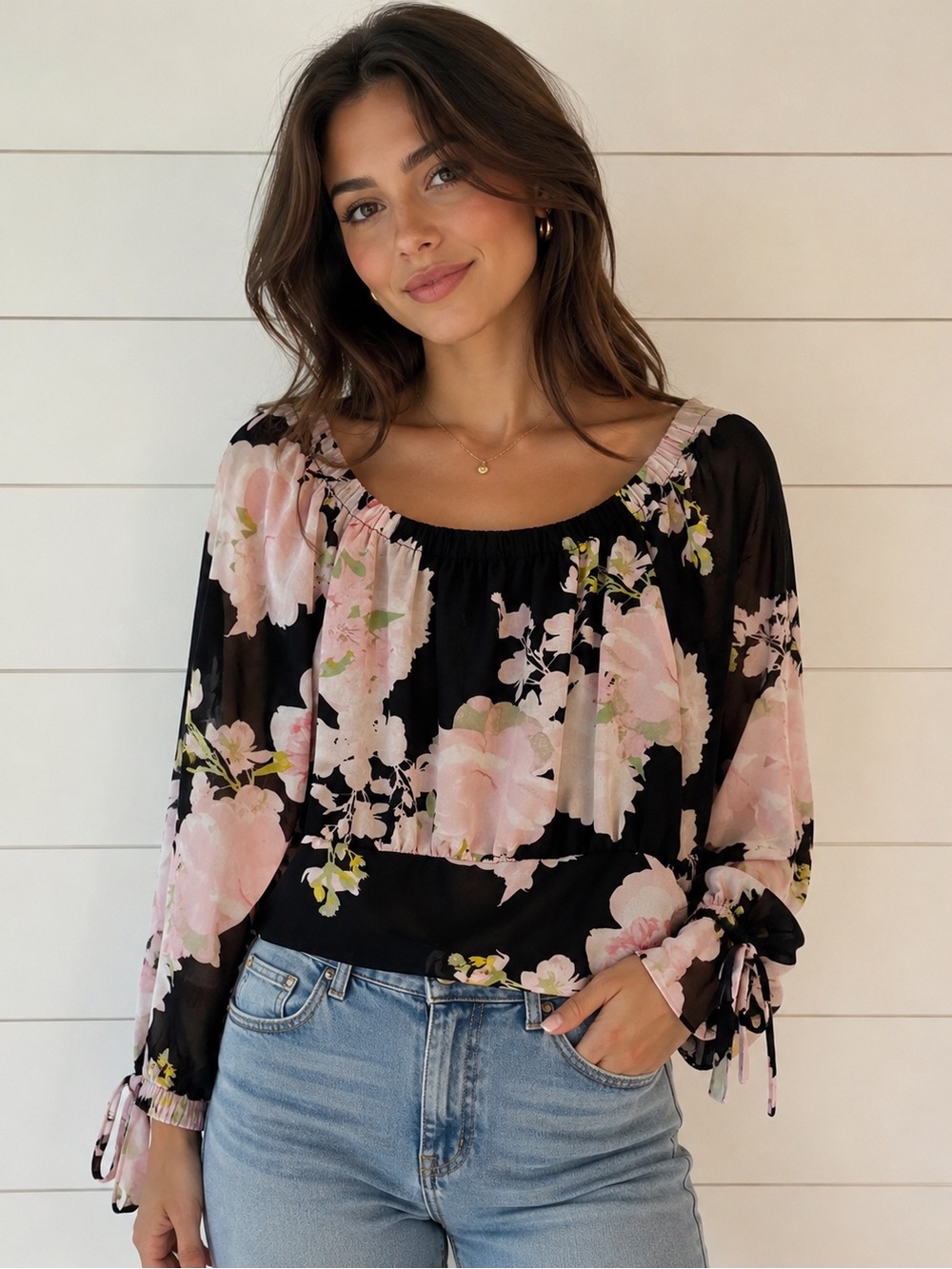 Romantic Floral Off Shoulder Blouse Cottagecore Coquette Sheer Peasant Boho Chic
